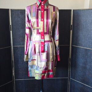 Marciano Multicolor Geometric Long-Sleeve Silk Tunic - Pink, Gold, Blue, Green